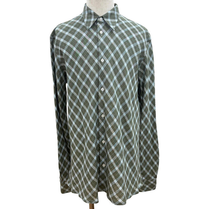 Excellent HERMES Long sleeve shirt Serie Button Bias Check Pattern green linen