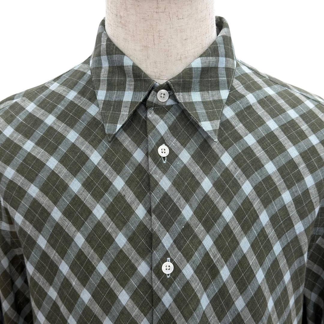 Excellent HERMES Long sleeve shirt Serie Button Bias Check Pattern green linen