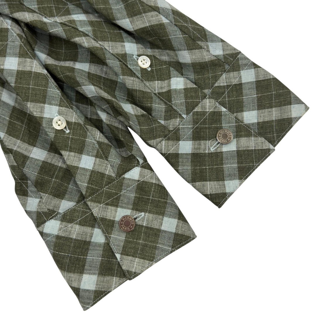 Excellent HERMES Long sleeve shirt Serie Button Bias Check Pattern green linen