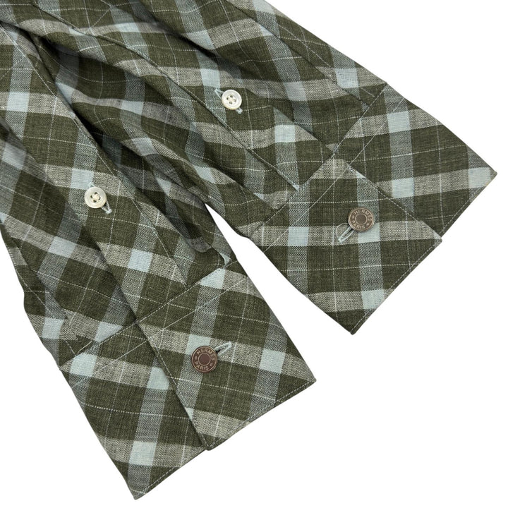 Excellent HERMES Long sleeve shirt Serie Button Bias Check Pattern green linen