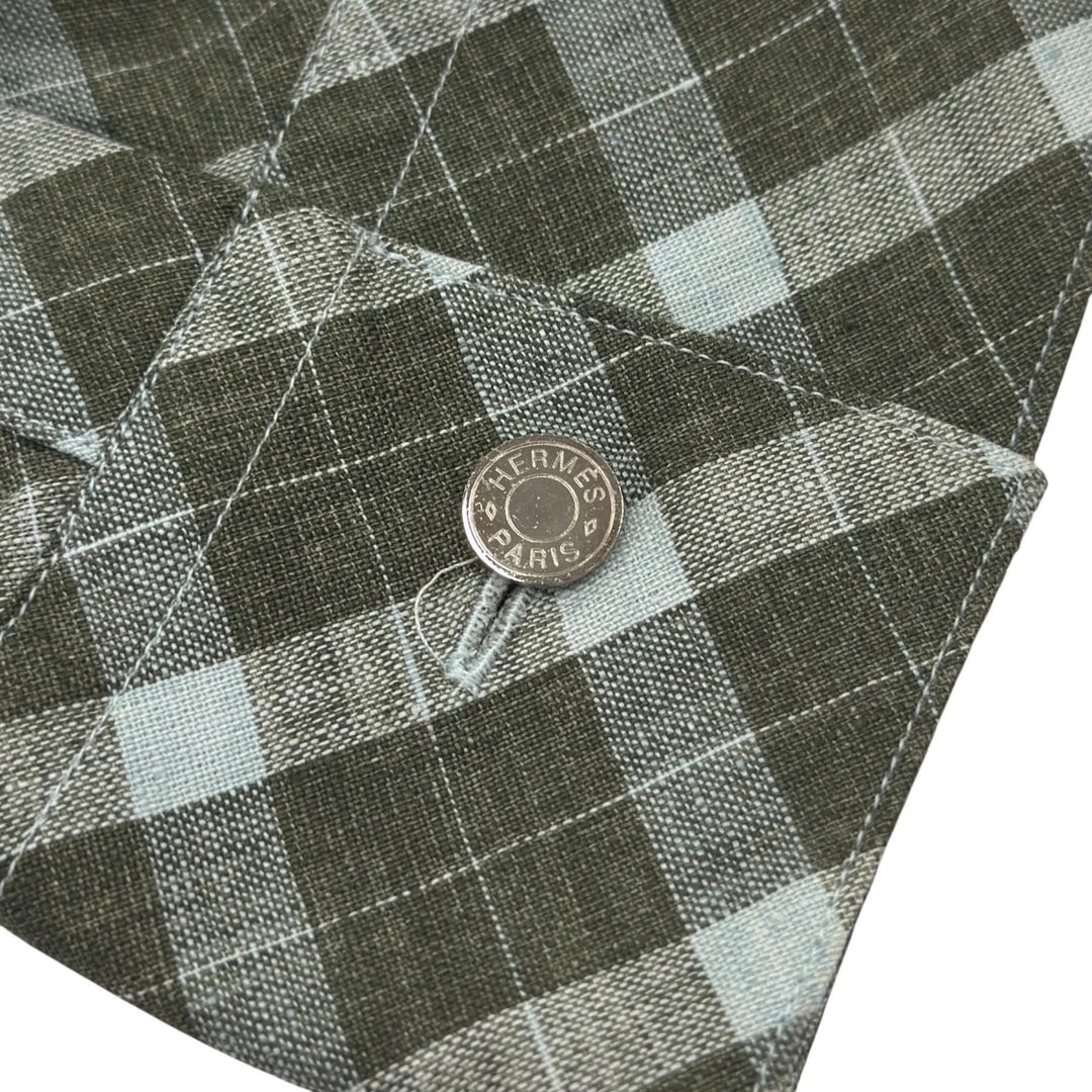 Excellent HERMES Long sleeve shirt Serie Button Bias Check Pattern green linen