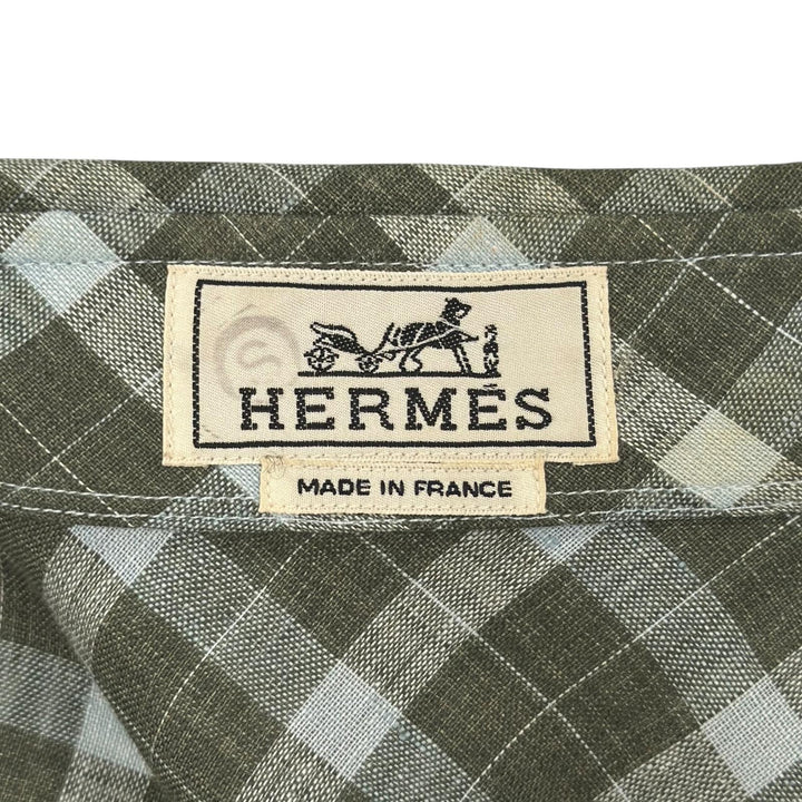 Excellent HERMES Long sleeve shirt Serie Button Bias Check Pattern green linen