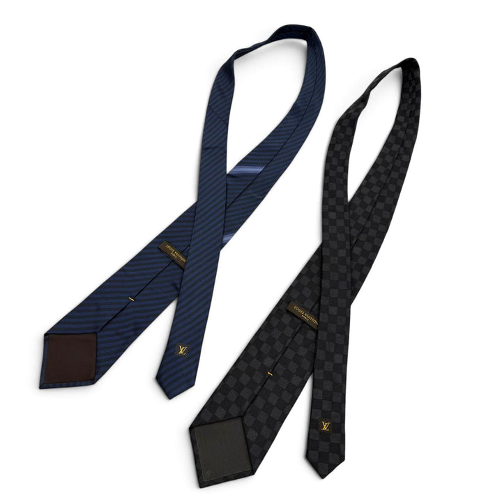 Great LOUIS VUITTON tie Cravat Damier Classic Stripe Tie Set of 2 black silk
