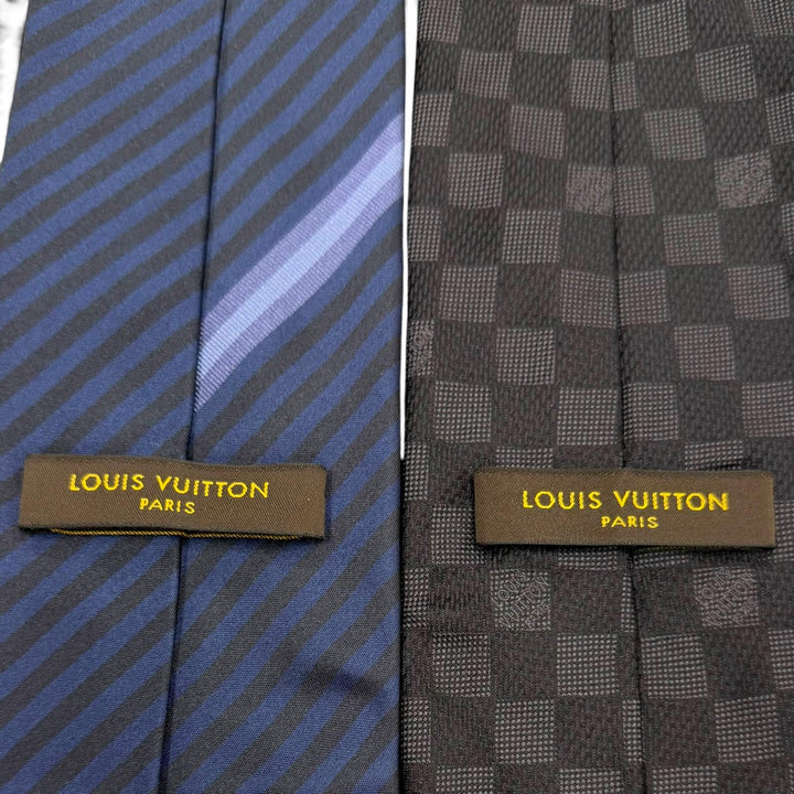 Great LOUIS VUITTON tie Cravat Damier Classic Stripe Tie Set of 2 black silk
