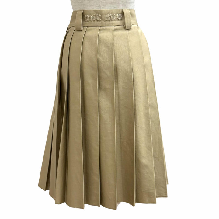 Great Miu Miu Pleated skirt West logo cut-off chinos beige cotton 40 MG1781