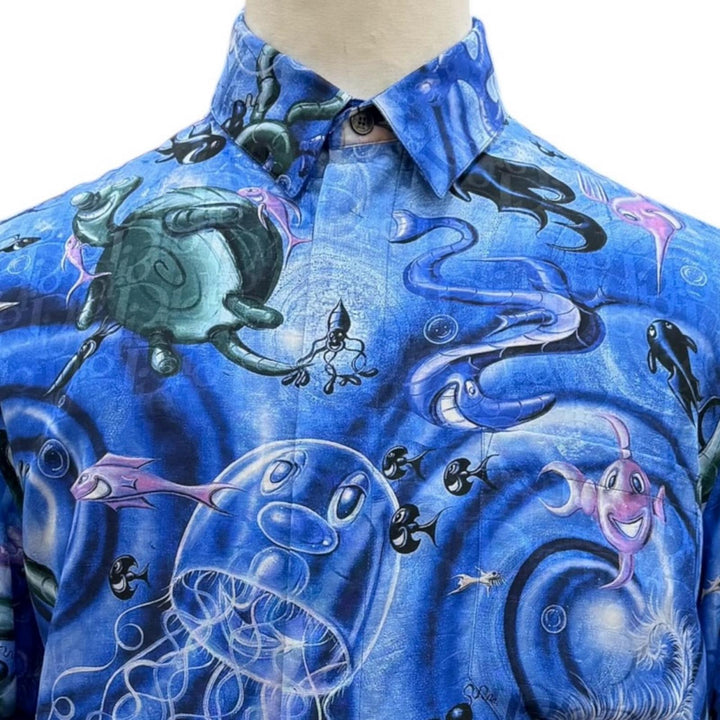 Pristine DIOR KENNY SCHARF Short sleeve shirt blue silk mens 37 033C508A5196