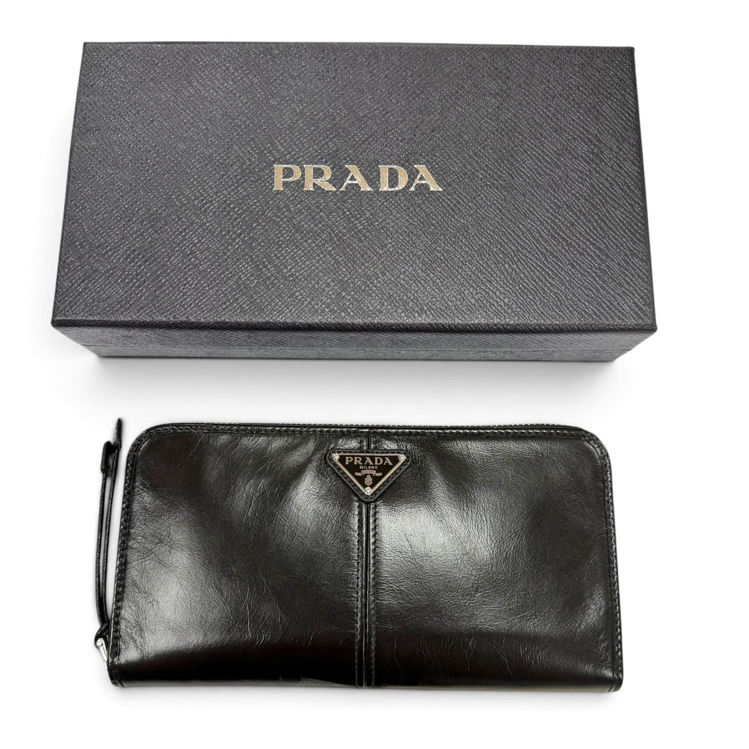Excellent PRADA Purse Triangle Logo Zip Around Wallet Billfold 2ML059
