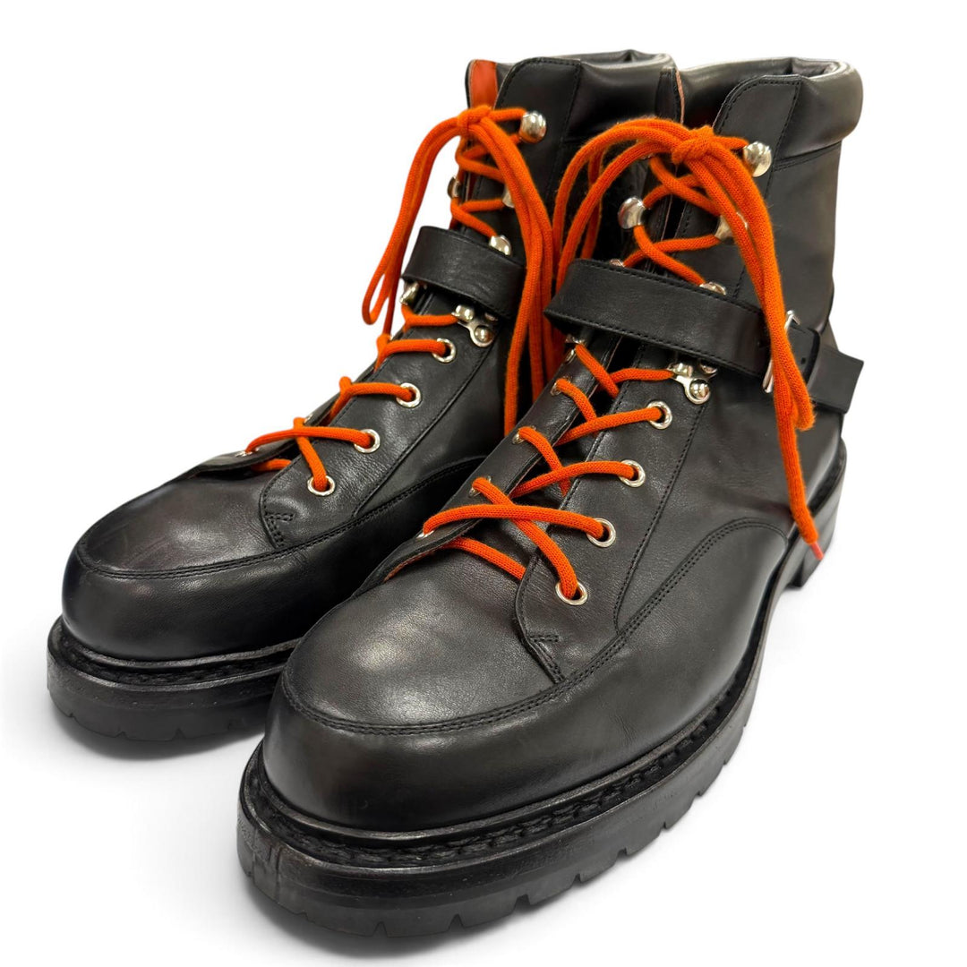 Great HERMES boots Lace-up hiking boots with logo patch black leather mens 41.5