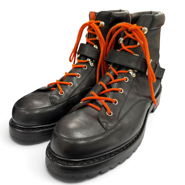 Great HERMES boots Lace-up hiking boots with logo patch black leather mens 41.5
