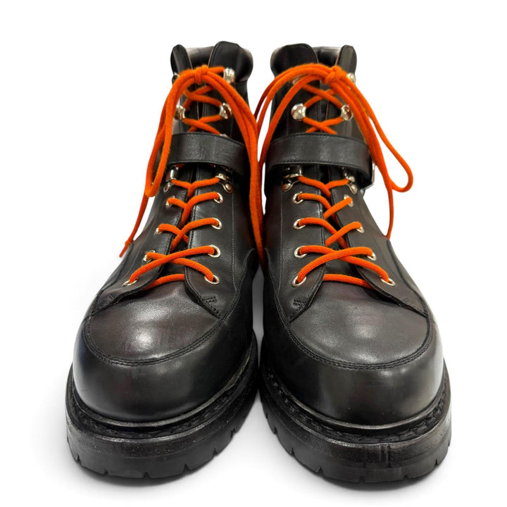 Great HERMES boots Lace-up hiking boots with logo patch black leather mens 41.5