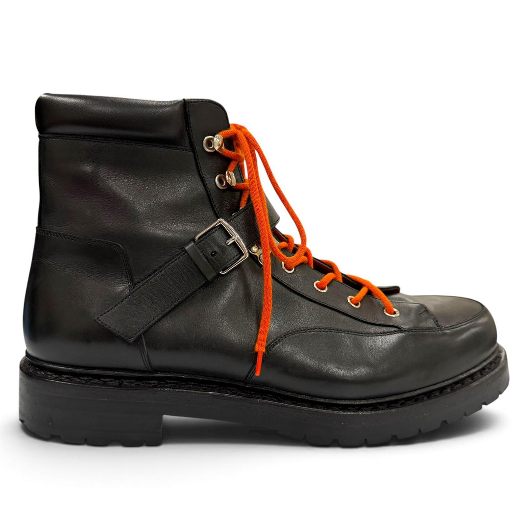 Great HERMES boots Lace-up hiking boots with logo patch black leather mens 41.5