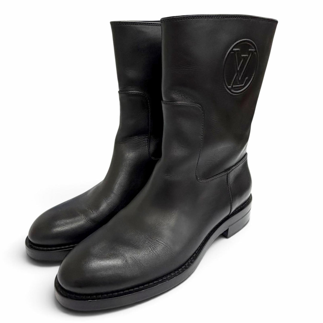 Great LOUIS VUITTON short boots LV Circle Logo Round Toe Flats black leather 37
