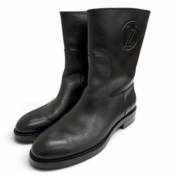 Great LOUIS VUITTON short boots LV Circle Logo Round Toe Flats black leather 37