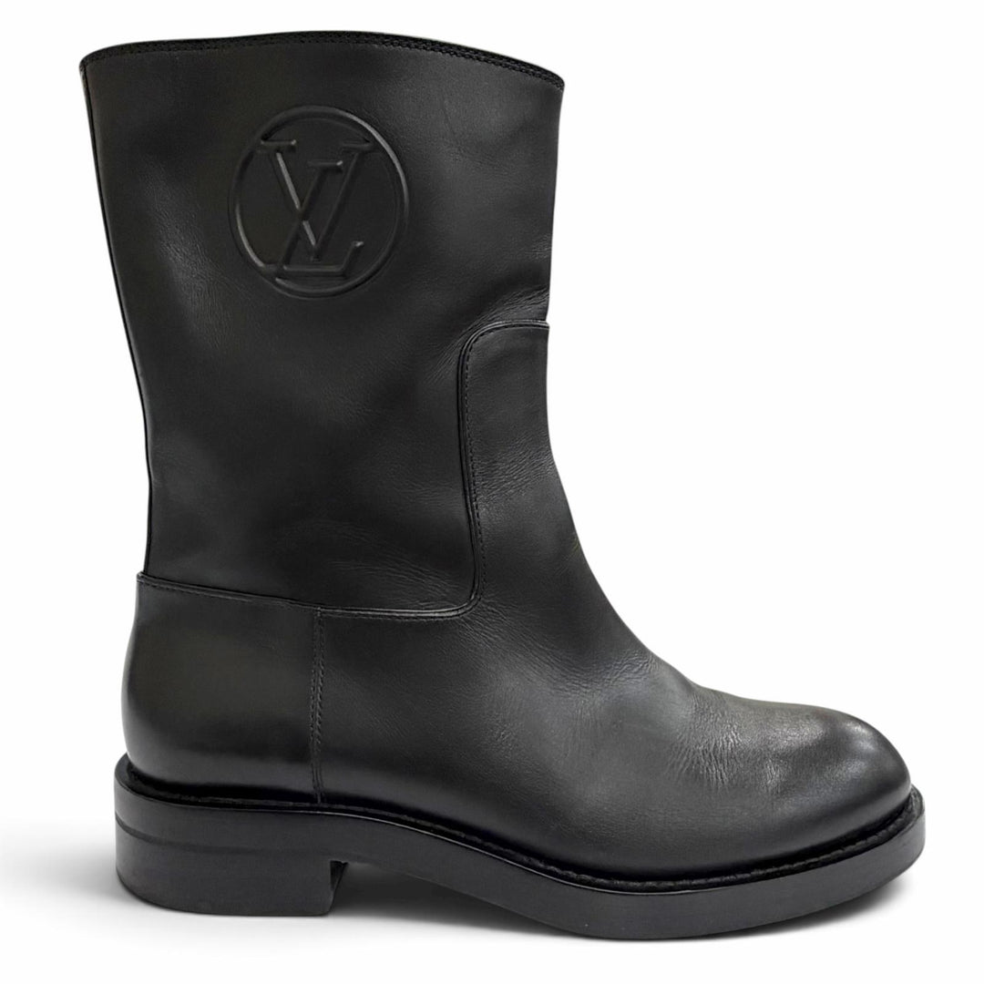 Great LOUIS VUITTON short boots LV Circle Logo Round Toe Flats black leather 37