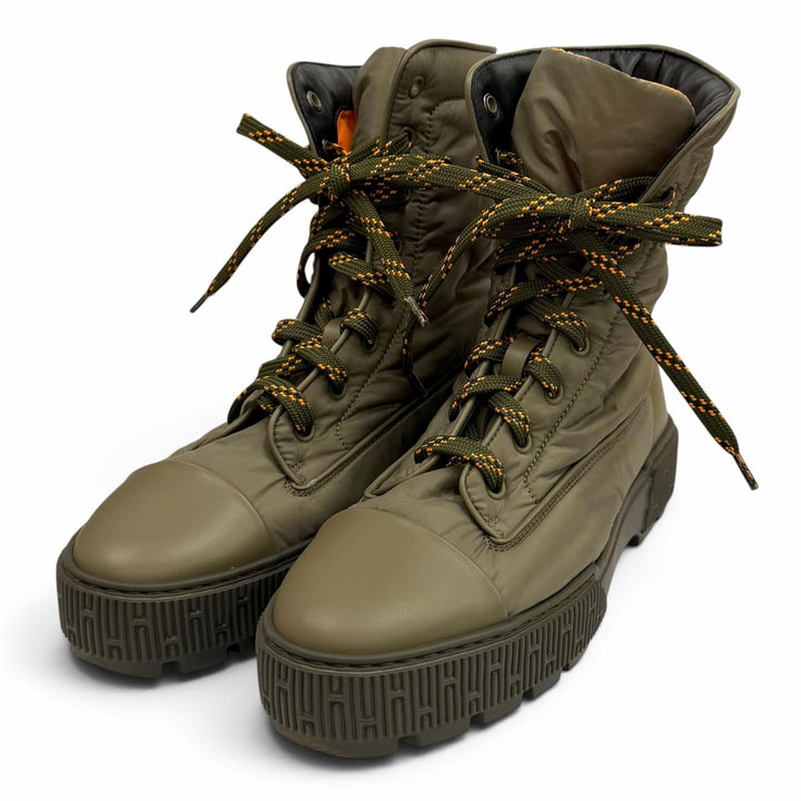 Excellent HERMES short boots FRESH Leather logo patch lace-up khaki Women 38