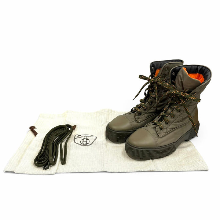 Excellent HERMES short boots FRESH Leather logo patch lace-up khaki Women 38