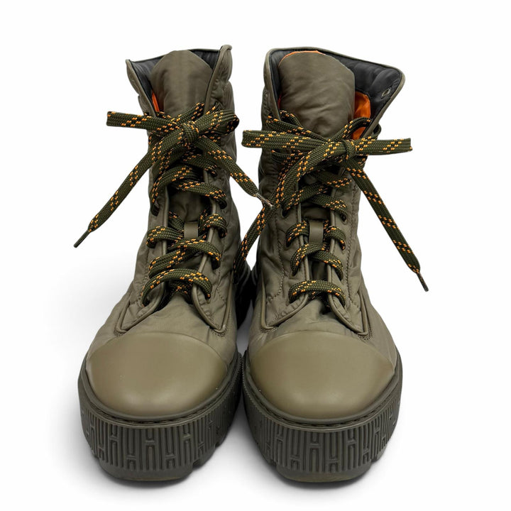 Excellent HERMES short boots FRESH Leather logo patch lace-up khaki Women 38