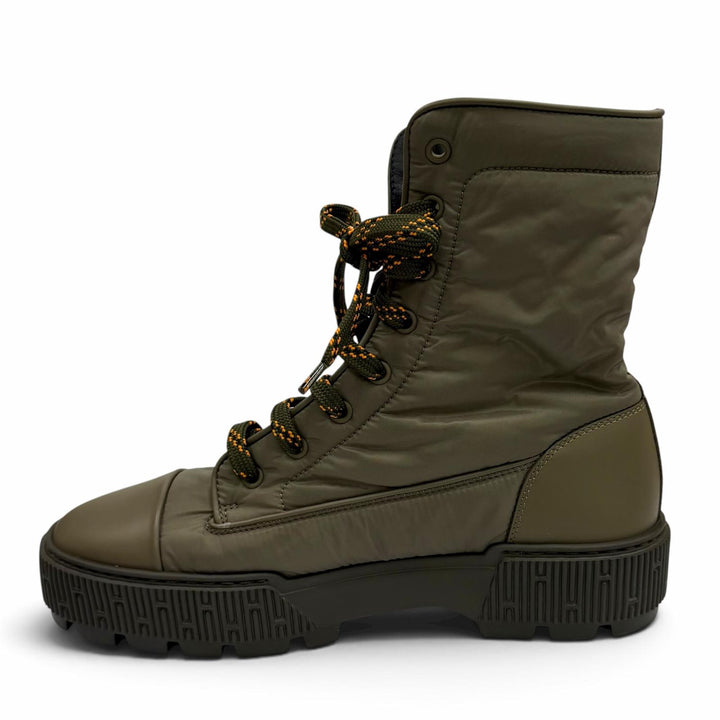 Excellent HERMES short boots FRESH Leather logo patch lace-up khaki Women 38