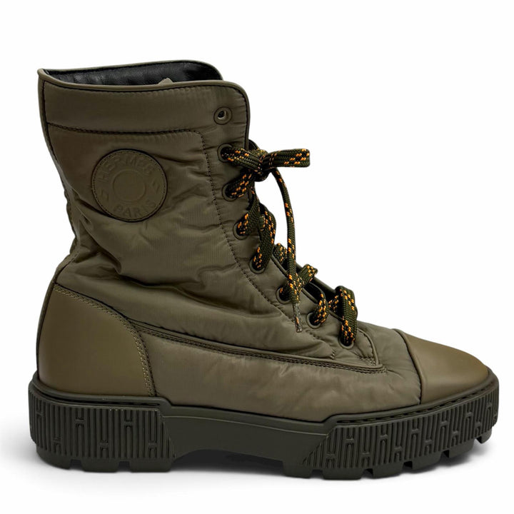 Excellent HERMES short boots FRESH Leather logo patch lace-up khaki Women 38