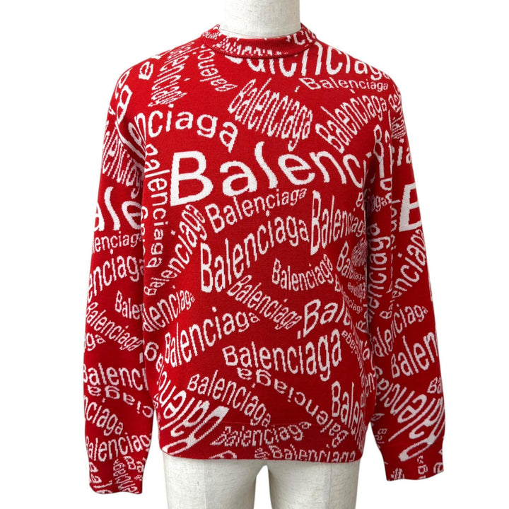 Excellent BALENCIAGA sweater Logo print crew neck long-sleeve knit Red