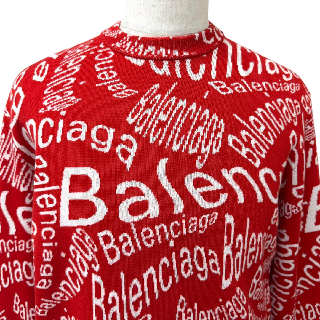 Excellent BALENCIAGA sweater Logo print crew neck long-sleeve knit Red