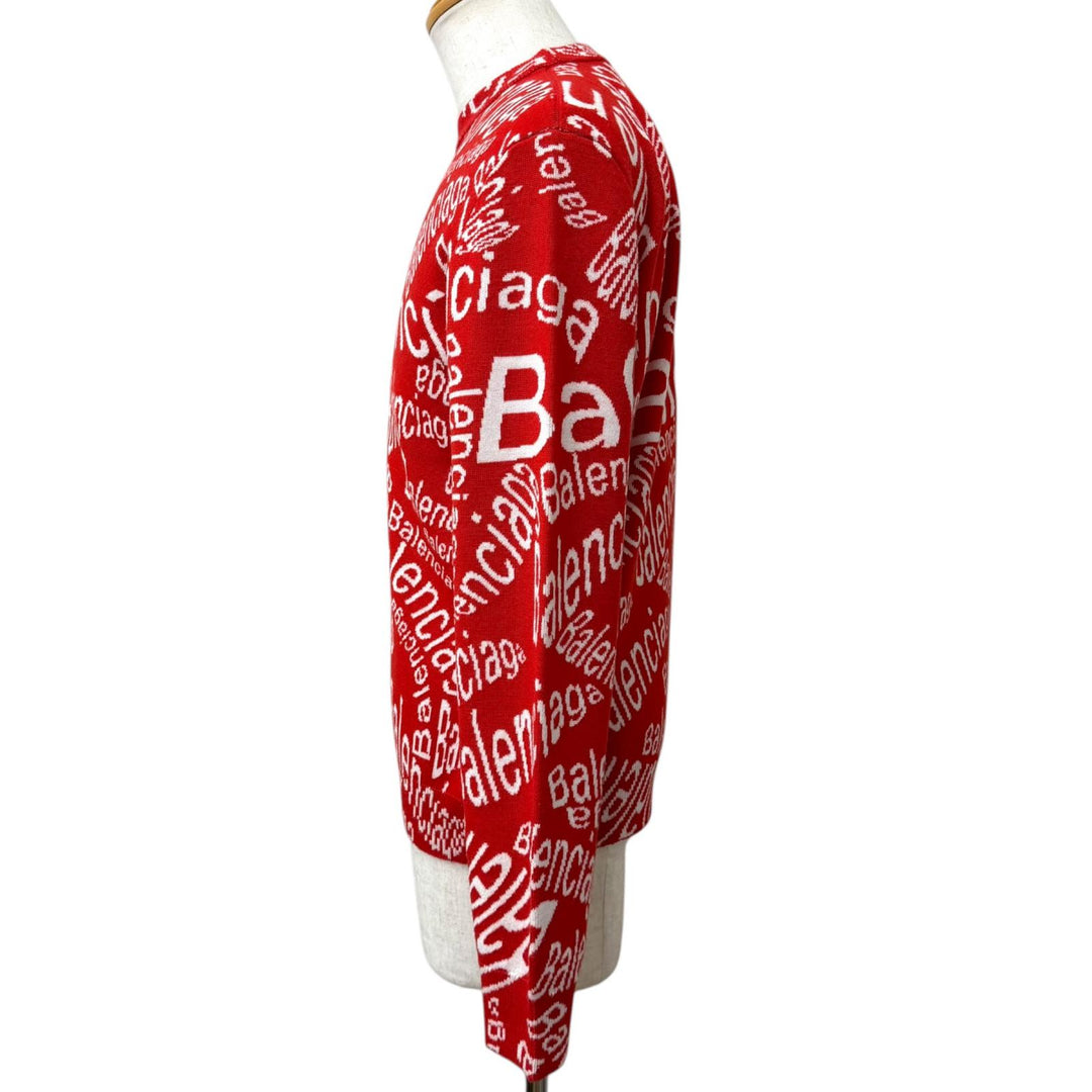 Excellent BALENCIAGA sweater Logo print crew neck long-sleeve knit Red