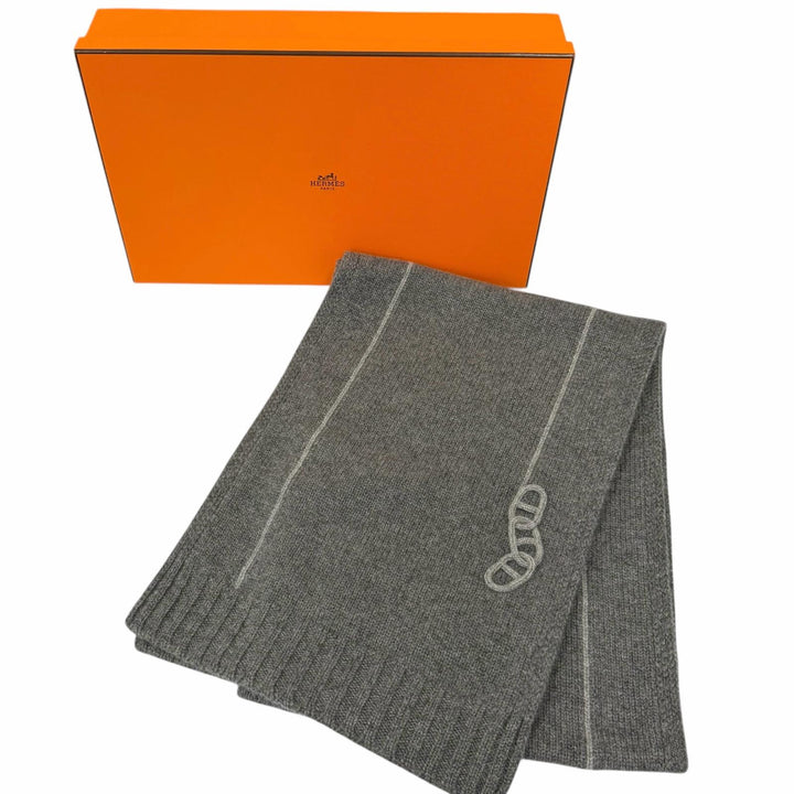 Pristine HERMES Scarf Maillon Traset Chaine d'Ancre knit gray cashmere mens