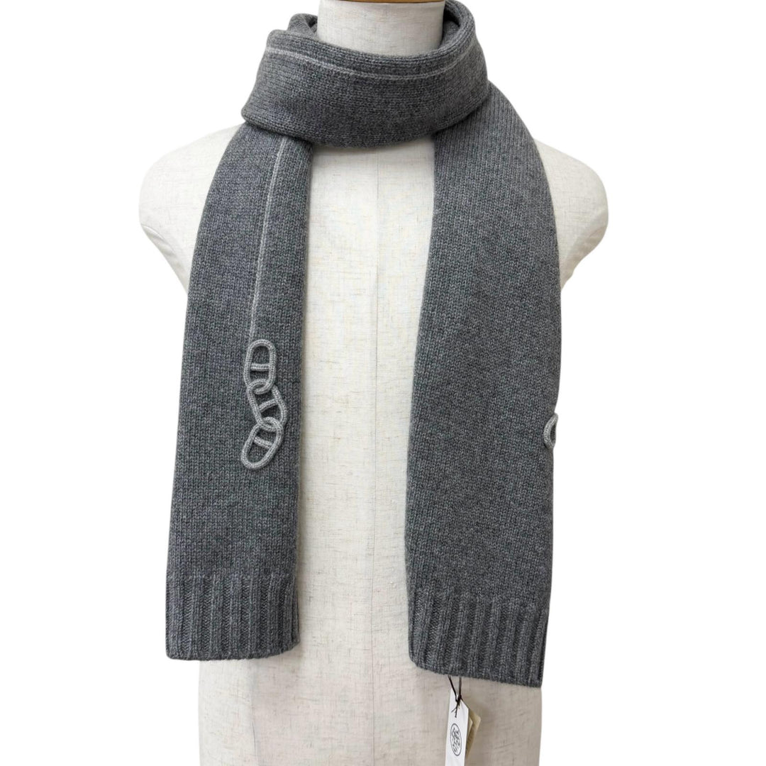 Pristine HERMES Scarf Maillon Traset Chaine d'Ancre knit gray cashmere mens