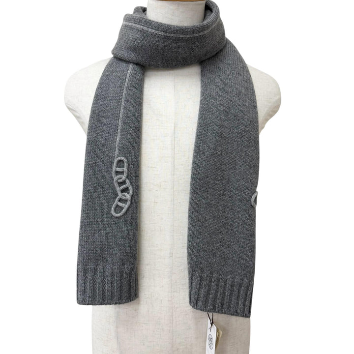 Pristine HERMES Scarf Maillon Traset Chaine d'Ancre knit gray cashmere mens