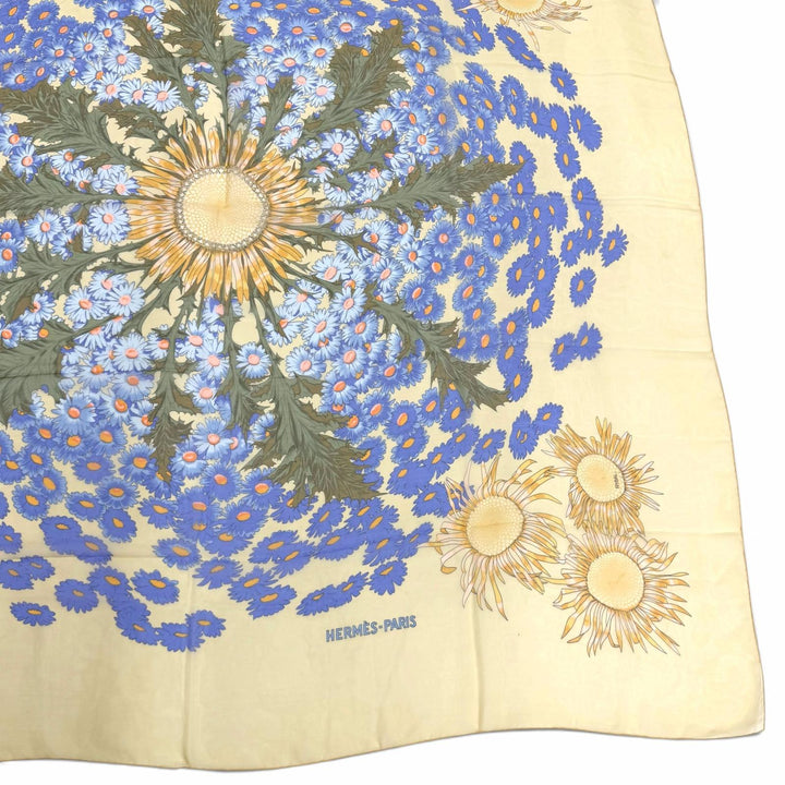 Great HERMES scarf FLEURS et CARLINES Muslin blue silk Women