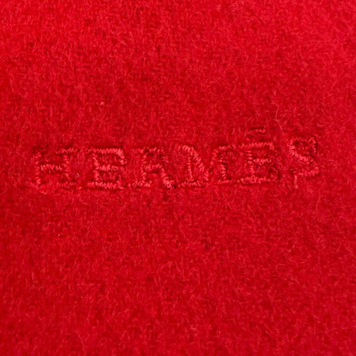 Great HERMES Scarf Embroidered logo with fringe Red cashmere mens