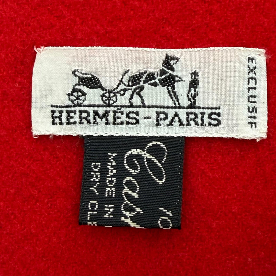 Great HERMES Scarf Embroidered logo with fringe Red cashmere mens