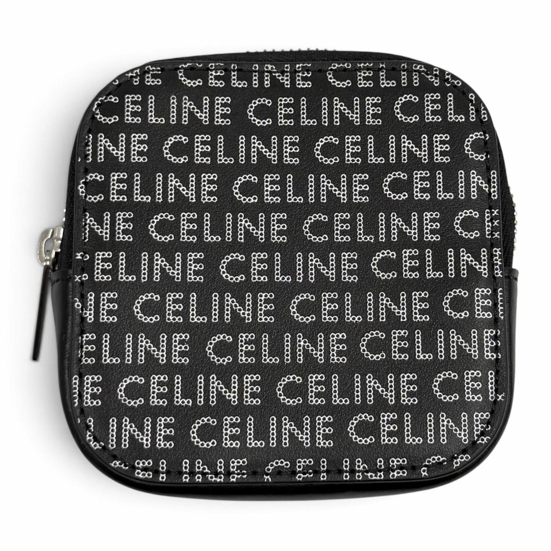 Excellent CELINE Coin case Logo print square leather purse black 10K743FGH.38SI