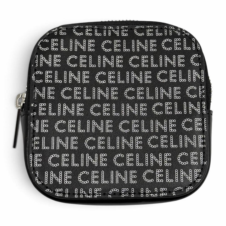 Excellent CELINE Coin case Logo print square leather purse black 10K743FGH.38SI