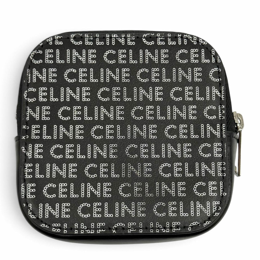 Excellent CELINE Coin case Logo print square leather purse black 10K743FGH.38SI