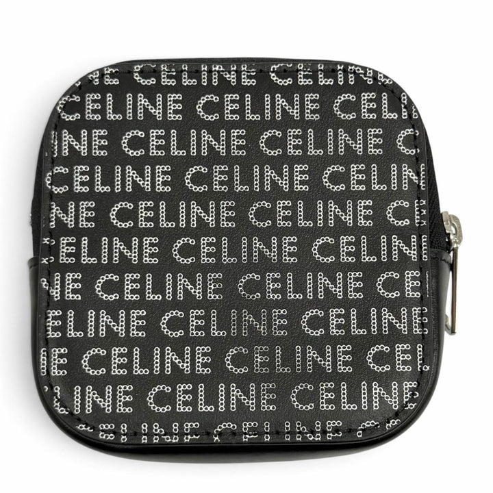 Excellent CELINE Coin case Logo print square leather purse black 10K743FGH.38SI