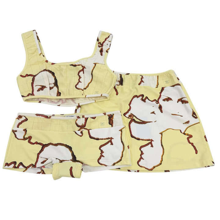 Pristine CHANEL COCO Mark Maillon Face Print Swimsuit 3-Piece Set 38 00S P15809