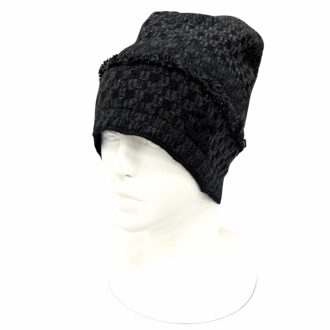 Excellent CHANEL Knit cap COCO Mark with lame black cashmere Women