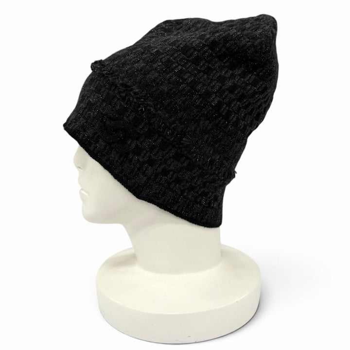 Excellent CHANEL Knit cap COCO Mark with lame black cashmere Women