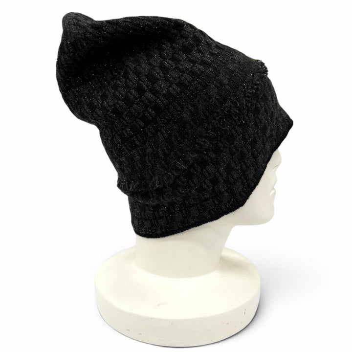 Excellent CHANEL Knit cap COCO Mark with lame black cashmere Women