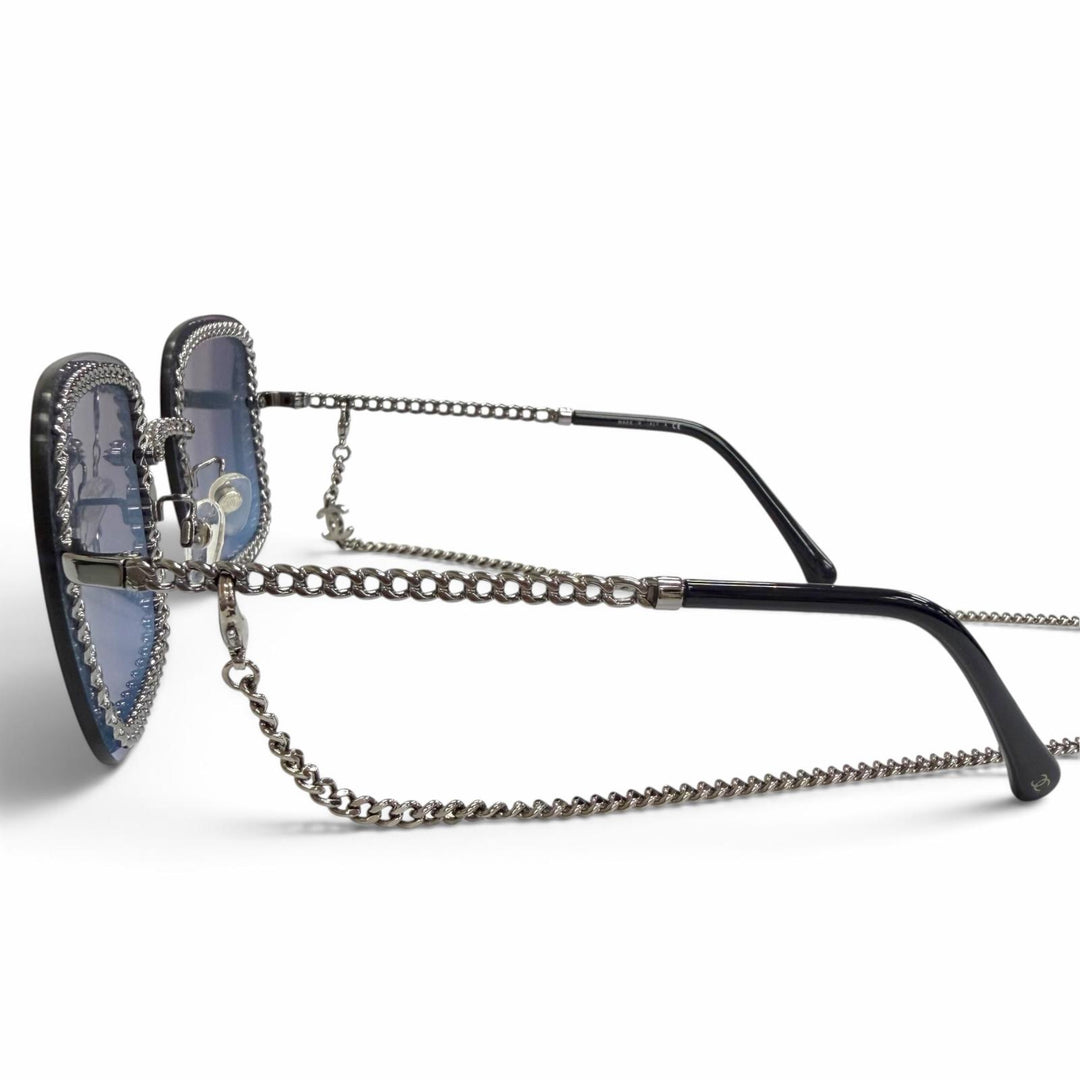 Great CHANEL sunglasses COCO Mark with Glass Chain Navy Women 4244