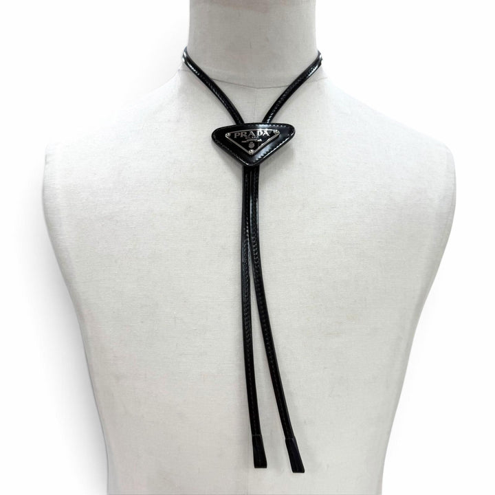 Great PRADA Necklace Triangle plate, triangular plate, bolo tie Patent leather