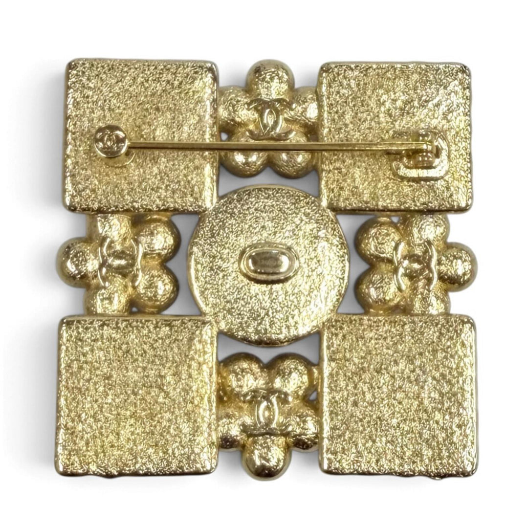 Excellent CHANEL Brooch COCO Mark Eco Pearl Rhinestone Square black Women L24S