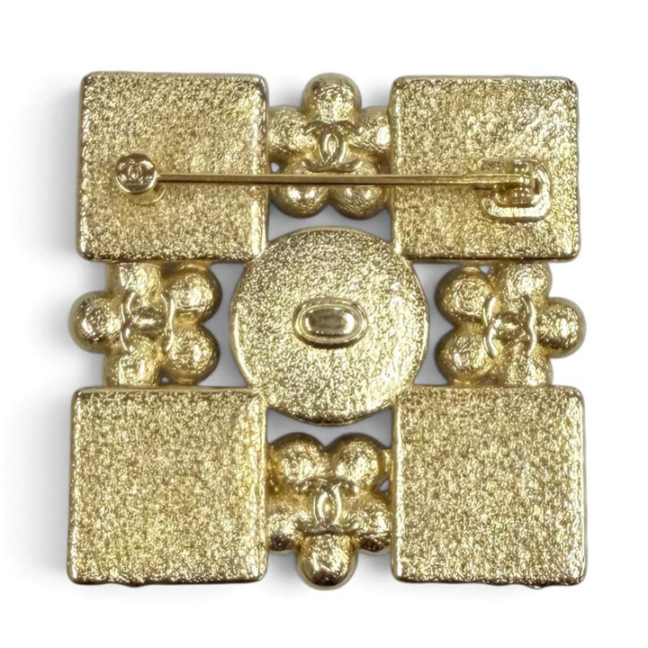 Excellent CHANEL Brooch COCO Mark Eco Pearl Rhinestone Square black Women L24S