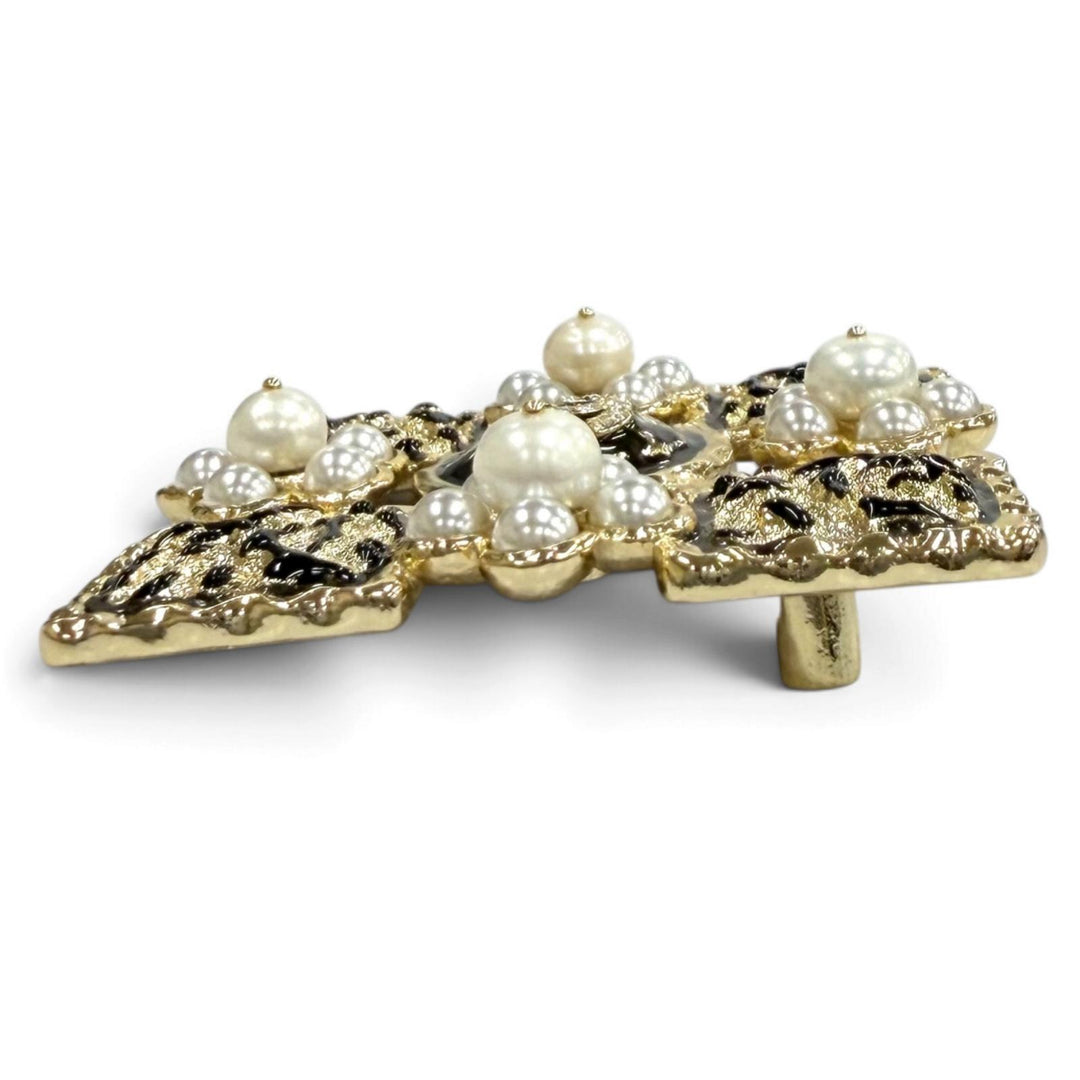 Excellent CHANEL Brooch COCO Mark Eco Pearl Rhinestone Square black Women L24S