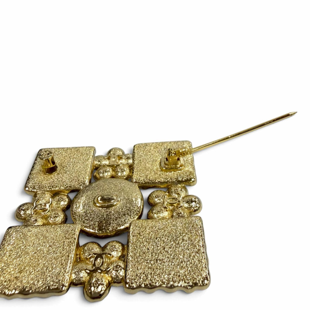 Excellent CHANEL Brooch COCO Mark Eco Pearl Rhinestone Square black Women L24S