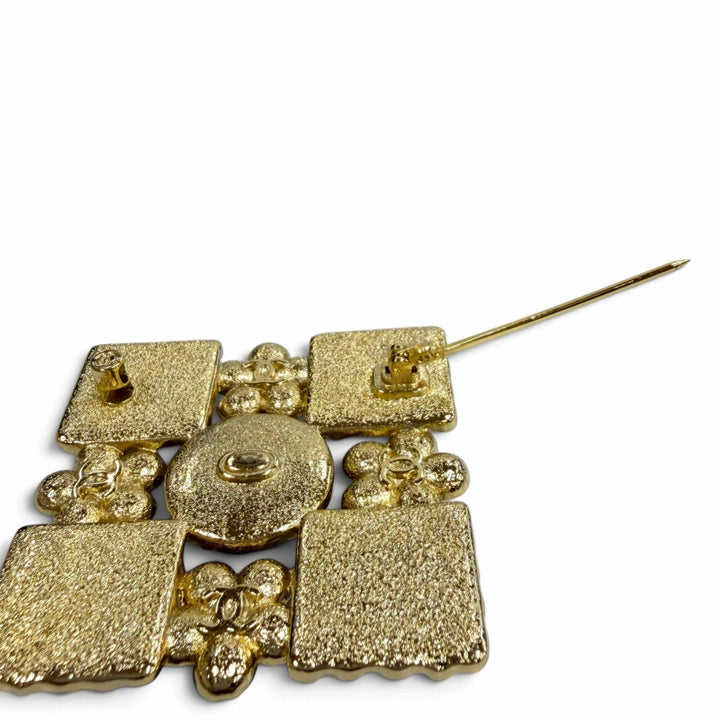 Excellent CHANEL Brooch COCO Mark Eco Pearl Rhinestone Square black Women L24S