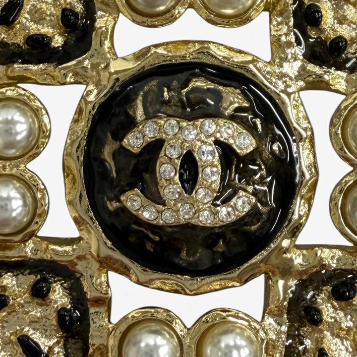 Excellent CHANEL Brooch COCO Mark Eco Pearl Rhinestone Square black Women L24S