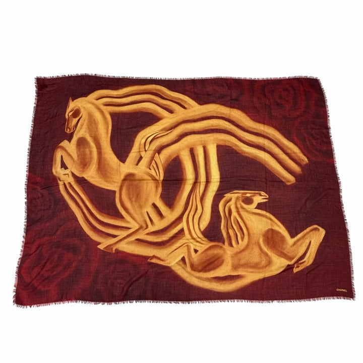 Excellent CHANEL scarf 136 x 72.4"" Logo Horse Pattern Large Bordeaux cashmere
