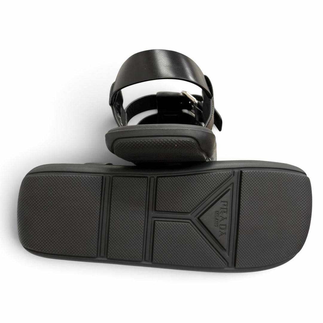 Pristine PRADA Sandals Backstrap Gurkha black Brushed leather mens 8 2X3093